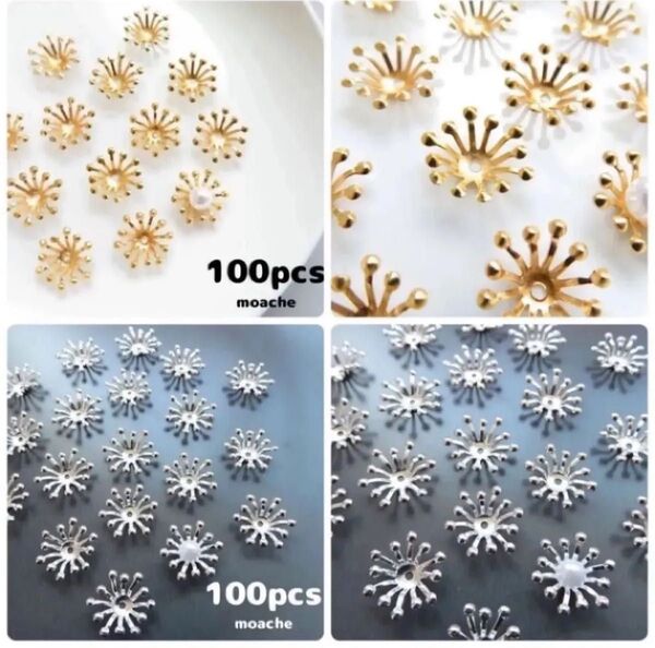 82【ビーズキャップ】約200個入り・ゴールド&シルバー 花芯 花座 座金 つまみ細工