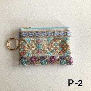 P-2 インド刺繍リボン ポーチ 大きめカラビナ付き