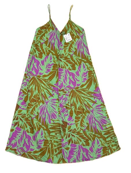 未使用 タグ付き ザラ ZARA キャミソールワンピース 麻混 総柄 緑×紫×茶
