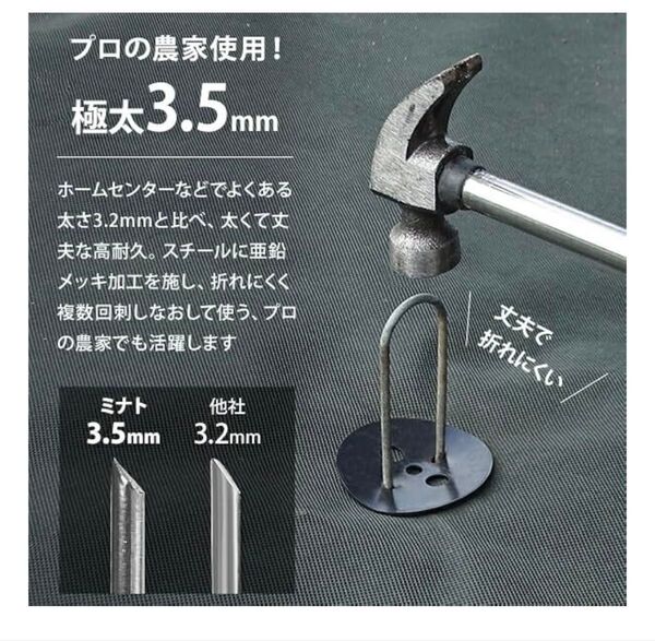 頑丈 100本 ロング30cm 極太3.5mm Uピン杭+緑丸付き (グリーン/防草シート用) ミナト電気工業 ペグ