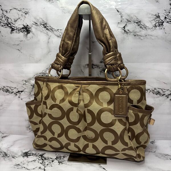 (美品)大人気、コーチ、トートバッグ、大容量、A-4可、人気色、茶シグ、高級感有、COACH、シグネチャー、ハンドバッグ