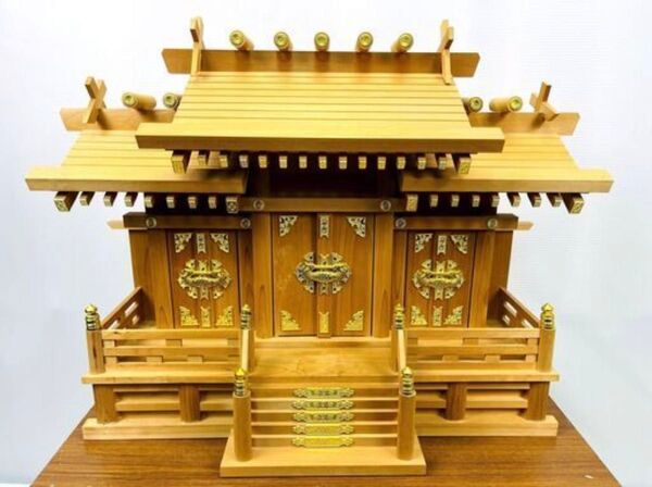 【美品】屋根違い三社 神棚 天然木 幅61.5cm 大型 宮形 三社宮 神具 神様