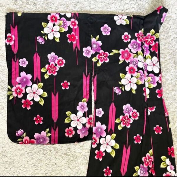 【美品】レディース浴衣 桜 梅 撫子 黒 ピンク 仕立て上がり 夏祭り 花火大会