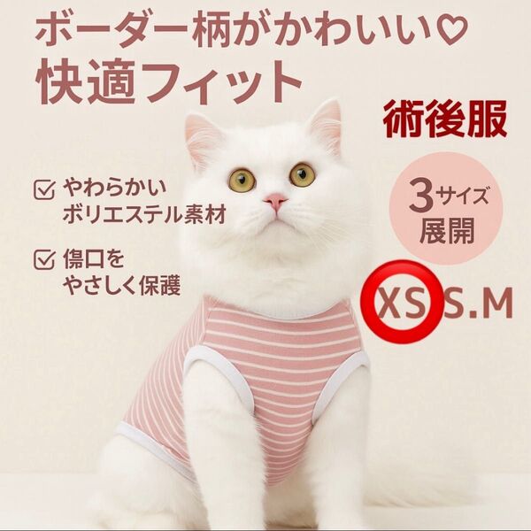 【新品】術後服 猫 術後ウェア 小型犬 術後 避妊 皮膚 保護 通気性 ボーダー XS