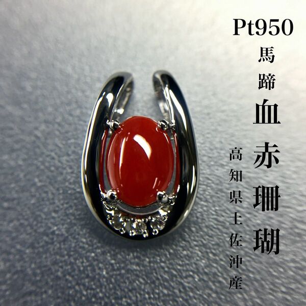 Pt950 馬蹄 血赤珊瑚 ダイヤ ペンダント 0.73ct プラチナ