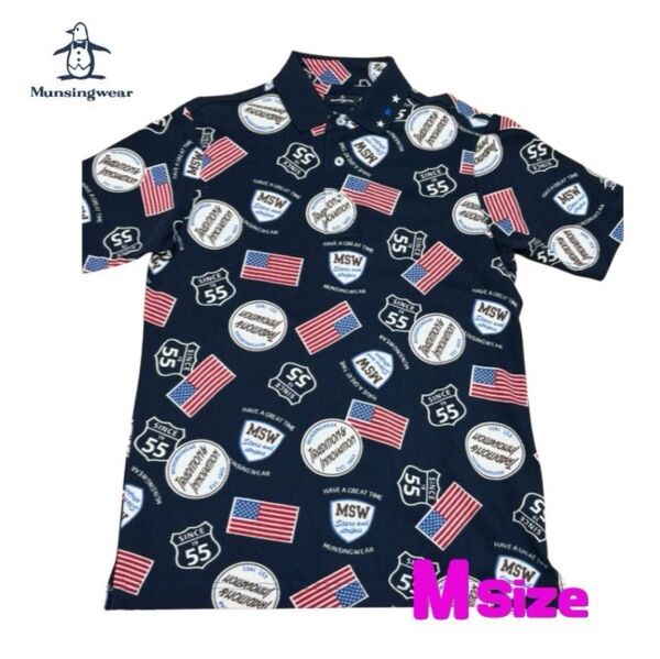 Munsingwearマンシングウェア 半袖ポロシャツ 総柄 メンズM【美品】おしゃれ アメリカ国旗柄