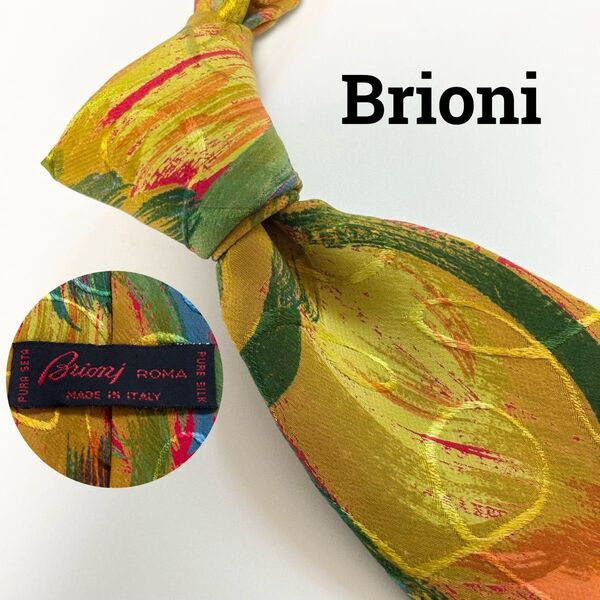 レア デザイン ブリオーニ(Brioni) アート ペイント 総柄 シルク ネクタイ イタリア製 マルチカラー イエロー グリーン