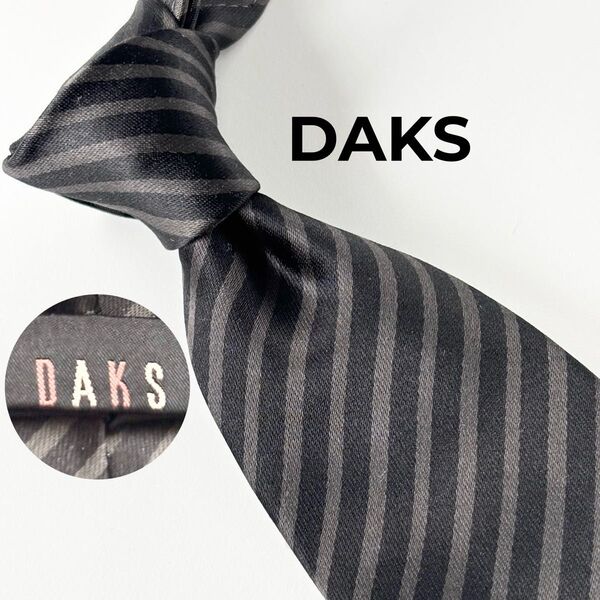 ダックス(DAKS) 極美品 ストライプ柄 チェック柄 シルクネクタイ 微光沢 日本製 焦茶 ブラウン 大剣幅 8.9cm メンズ