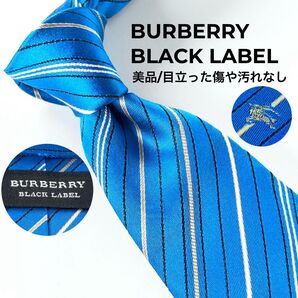BURBERRY BLACK LABEL バーバリーブラックレーベル 美品 ストライプ柄 シャドーホースロゴ ネクタイ ブルー
