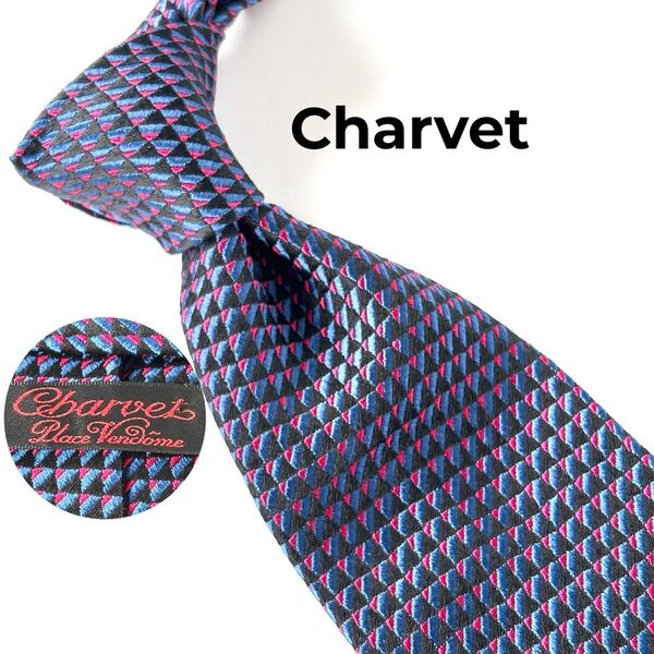 Charvet シャルべ 良品 幾何学柄 ネクタイ ブラック ブルー レッド