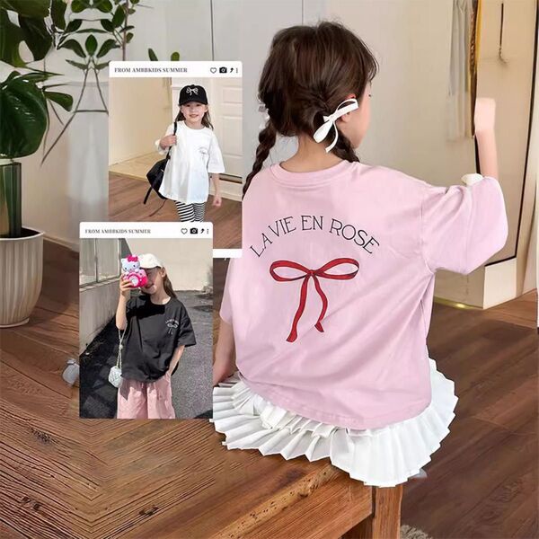 〔バックリボンTシャツ〕韓国 子供服 女の子 ガール トップス 半袖 ピンク
