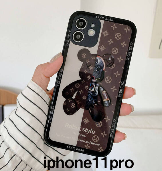 iphone11proケース カーバー TPU 可愛い 熊 ガラス お洒落 軽量 ケース 耐衝撃高品質ブラウン502