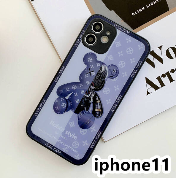iphone11ケース カーバー TPU 可愛い 熊 ガラス お洒落 軽量 ケース 耐衝撃高品質ブルー486