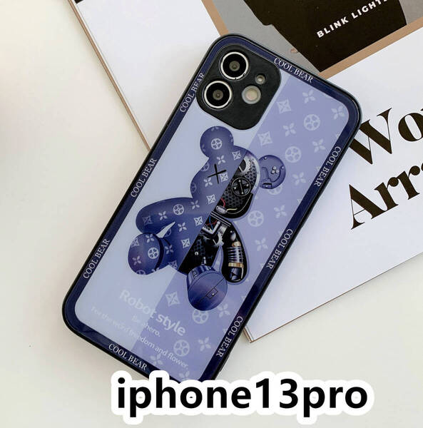 iphone13proケース カーバー TPU 可愛い 熊 ガラス お洒落 軽量 ケース 耐衝撃高品質ブルー493