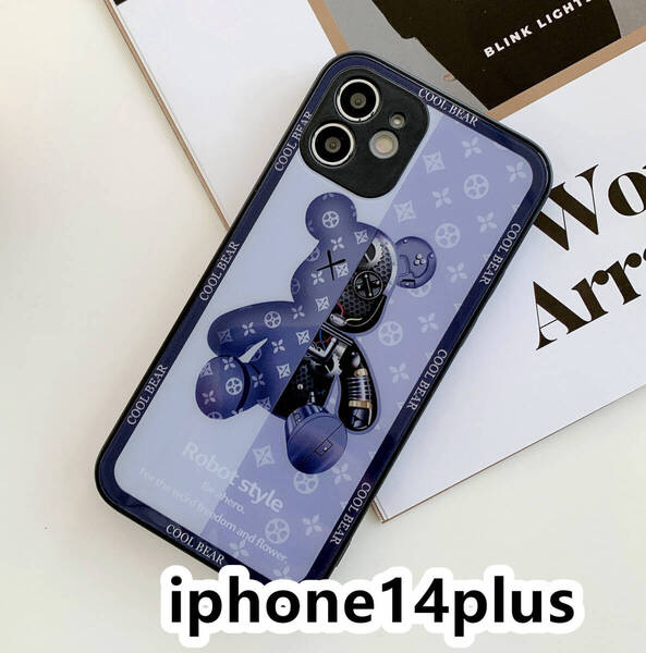 iphone14plusケース カーバー TPU 可愛い 熊 ガラス お洒落 軽量 ケース 耐衝撃高品質ブルー126