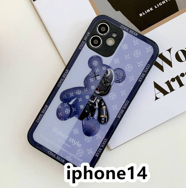 iphone14ケース カーバー TPU 可愛い 熊 ガラス お洒落 軽量 ケース 耐衝撃高品質ブルー310
