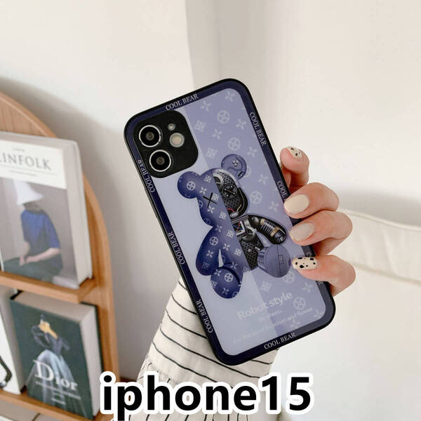 iphone15ケース カーバー TPU 可愛い 熊 ガラス お洒落 軽量 ケース 耐衝撃高品質ブルー125