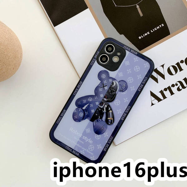 iphone16plusケース カーバー TPU 可愛い 熊 ガラス お洒落 軽量 ケース 耐衝撃高品質ブルーA
