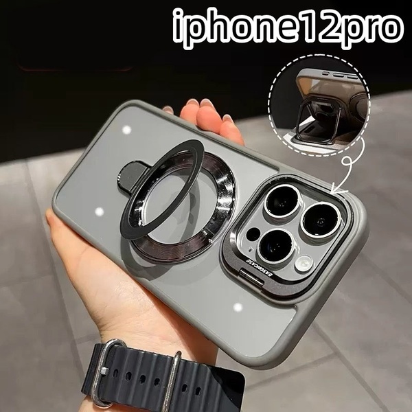 iphone12proケース カーバー TPU カメラ保護 ワイヤレス充電 スタンド お洒落 グレー