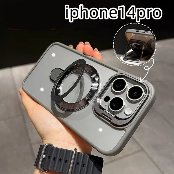 iphone14proケース カーバー TPU カメラ保護 ワイヤレス充電 スタンド お洒落 グレー