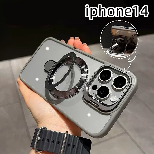 iphone14ケース カーバー TPU カメラ保護 ワイヤレス充電 スタンド お洒落 グレー