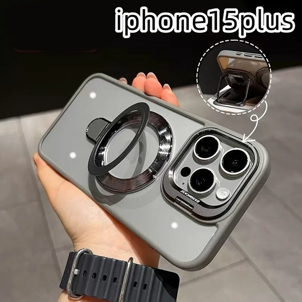 iphone15plusケース カーバー TPU カメラ保護 ワイヤレス充電 スタンド お洒落 グレー2
