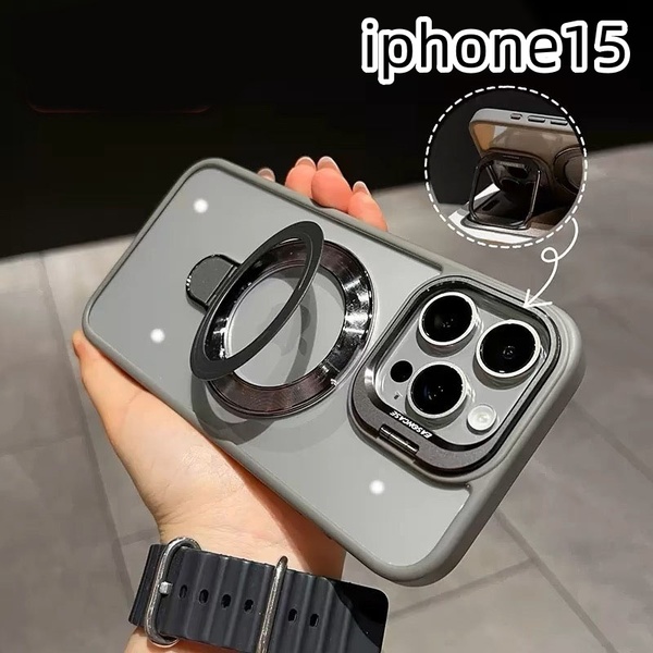 iphone15ケース ケース カーバー TPU カメラ保護 ワイヤレス充電 スタンド お洒落 グレー1