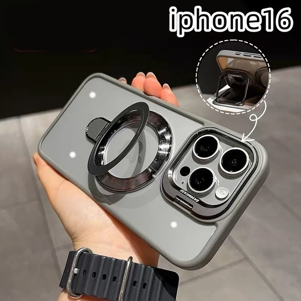 iphone16ケース カーバー TPU カメラ保護 ワイヤレス充電 スタンド お洒落 グレー2