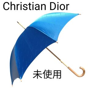 未使用 Christian Dior クリスチャン・ディオール 雨傘 長傘 サテン ブルー 木製ハンドル ルピアン 総柄 極美品