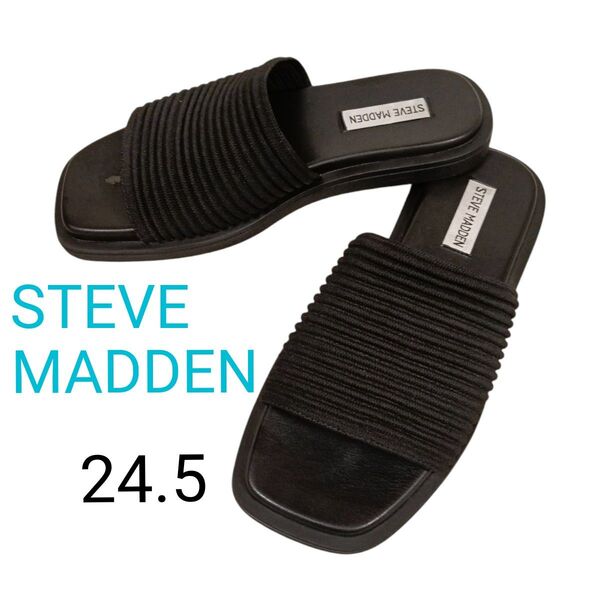STEVE MADDEN スティーブマデン レザー ブラック 黒 フラット スライドサンダル スリッパ 24.5 L 牛革 傷あり