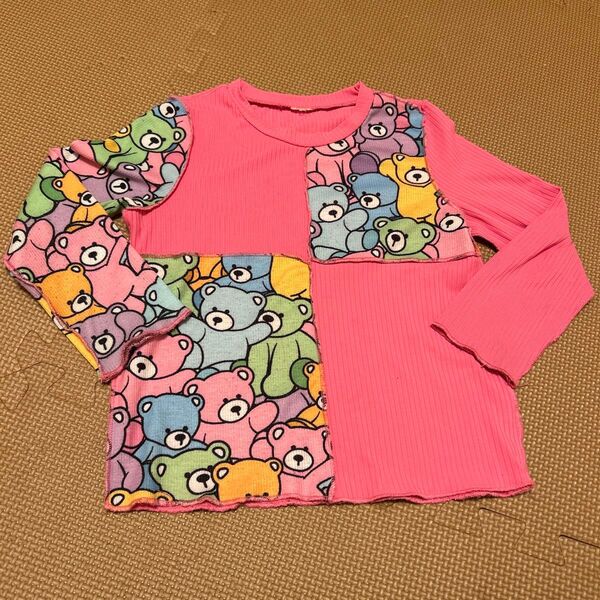 クマ柄 4Y 95-100 長袖カットソー ピンク パッチワーク風 Tシャツ 女の子 キッズ ベビー服