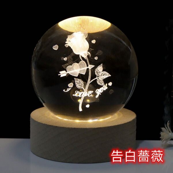 3Dクリスタルボール 水晶玉 LED寝室ナイト インテリア置物 ギフト k9白水晶内彫り 置物 バラ 告白 恋人 彼女 彼氏