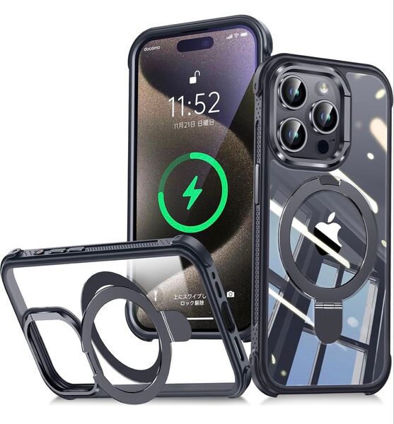 【米軍MIL規格】iPhone15用 ケース ワイヤレス充電対応 縦横両対応 TPUバンパー 軍用規格保護 耐衝撃 (ブラック)