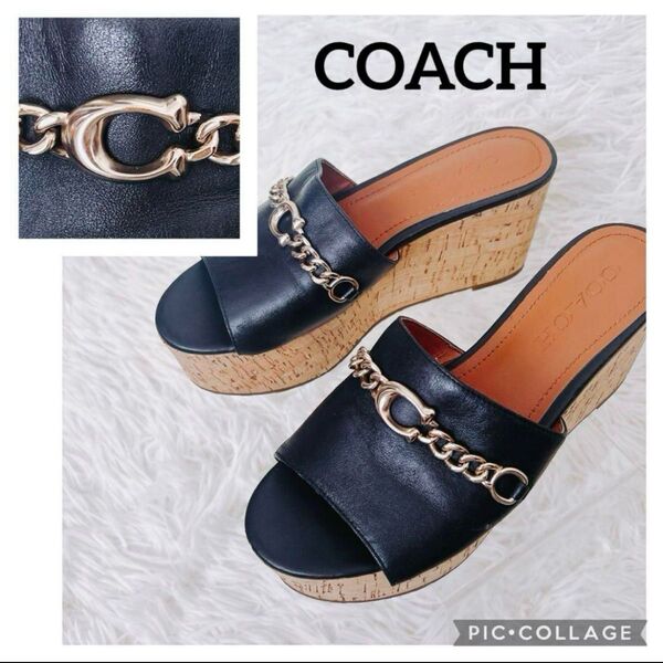 COACH ウエッジソール サンダル ヒール コルク 厚底 黒 ブラック ゴールド金具 チェーン 36 22.5cm 23cm