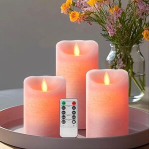 LEDキャンドル 電池式キャンドル3個セット タイマー付き 屋外装飾用の長持ちするLEDキャンドル (ピンク)