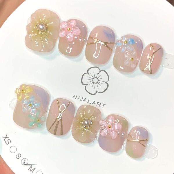 306 現品ネイルチップ Sサイズ 親指長さ15mm ハンドメイド ぷっくりフラワー水滴にじみぼかしオフィスニュアンス春夏