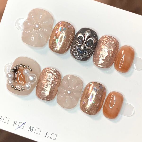 307 現品ネイルチップ Sサイズ 親指長さ15mm ハンドメイド ぷっくりフラワー水滴にじみぼかしミラー量産型サブカル推しy2k