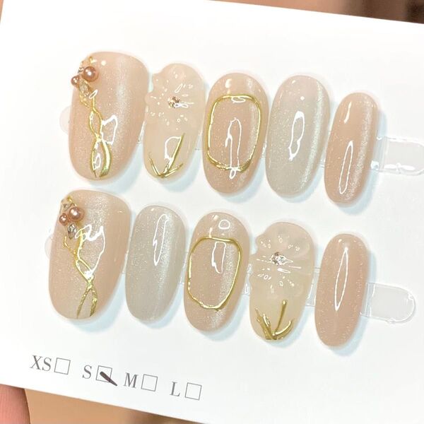 308 現品ネイルチップ S/Mサイズ 親指長さ19mm ハンドメイド マグネットうるツヤぷっくりフラワー水滴ニュアンス春夏