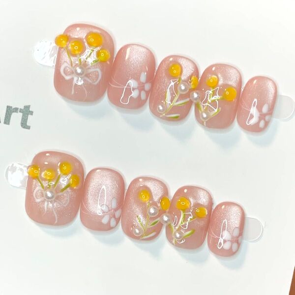 311 現品ネイルチップ Sサイズ 親指長さ15mm ハンドメイド マグネットうるツヤぷっくりチューリップフラワーちゅるん春夏