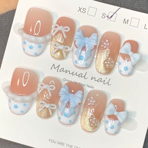 319 現品ネイルチップ XS/S/Mサイズ 親指長さ19mm ハンドメイド マグネットうるツヤフレンチぷっくりレースリボン量産型