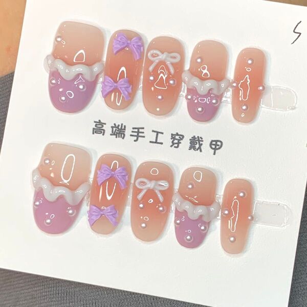 320 現品ネイルチップ S/Mサイズ 親指長さ19mm ハンドメイド チークフレンチぷっくりレースリボン量産型地雷系ちゅるん春夏