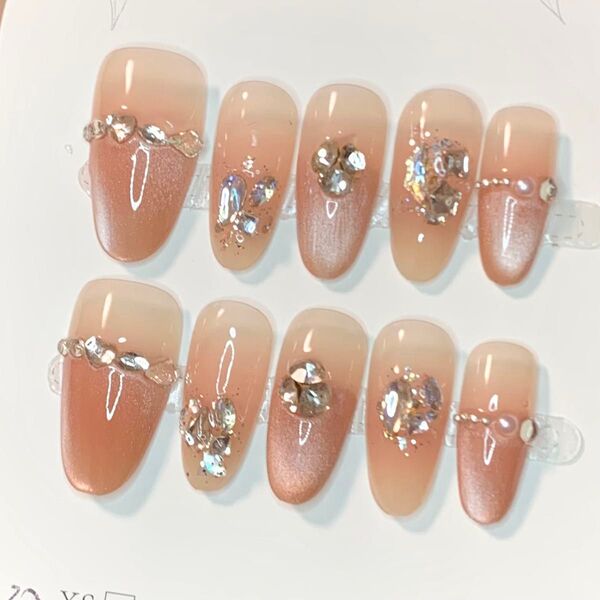 371 現品ネイルチップ Mサイズ 親指長さ23mm ハンドメイド マグネットうるツヤグラデストーン量産型推しちゅるんサブカル