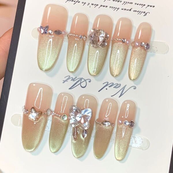 375 現品ネイルチップ XSサイズ 親指長さ30mm ハンドメイド マグネットうるツヤフレンチストーン量産型推しグラデちゅるん
