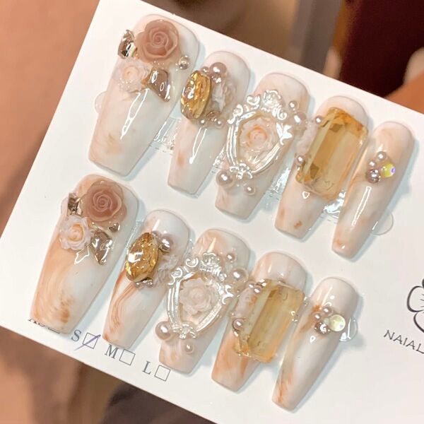 379 現品ネイルチップ Mサイズ 親指長さ25mm ハンドメイド にじみぼかしフラワーストーン量産型推しy2kサブカルブライダル