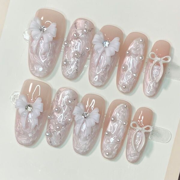 403 現品ネイルチップ Sサイズ 親指長さ25mm ハンドメイド シェルバレエコアフレンチストーン量産型推しちゅるんワンホン