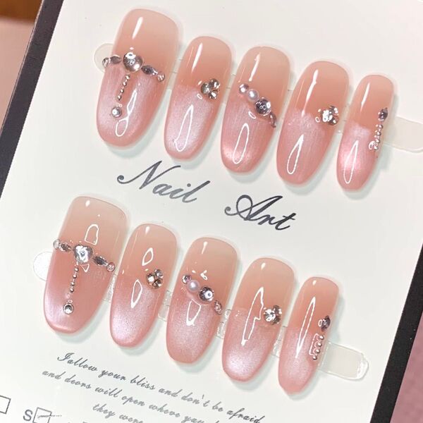 443 現品ネイルチップ Sサイズ 親指長さ23mm ハンドメイド マグネットうるツヤグラデフレンチストーン量産型ちゅるんワンホン