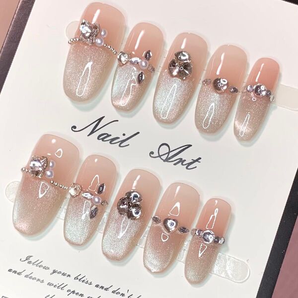 450 現品ネイルチップ Sサイズ 親指長さ23mm ハンドメイド マグネットうるツヤグラデフレンチストーン量産型ちゅるんワンホン