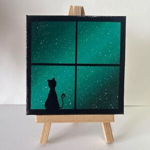キャンバスアート 絵画 猫とオーロラ アクリル画 インテリア