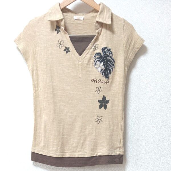 Tシャツ (M) ベージュ 半袖 春 夏 (重ね着風) カジュアル プリント トップス カットソー レディース ファッション
