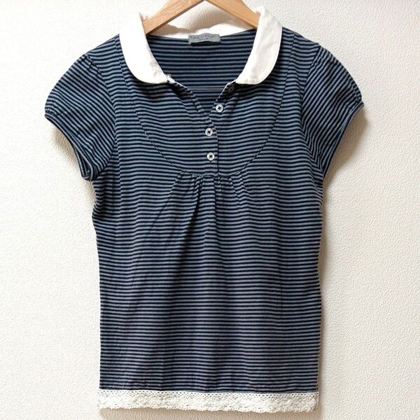 Tシャツ (L) ボーダー柄 半袖 可愛い ネイビー ポロシャツ カジュアル カットソー トップス レディース ファッション